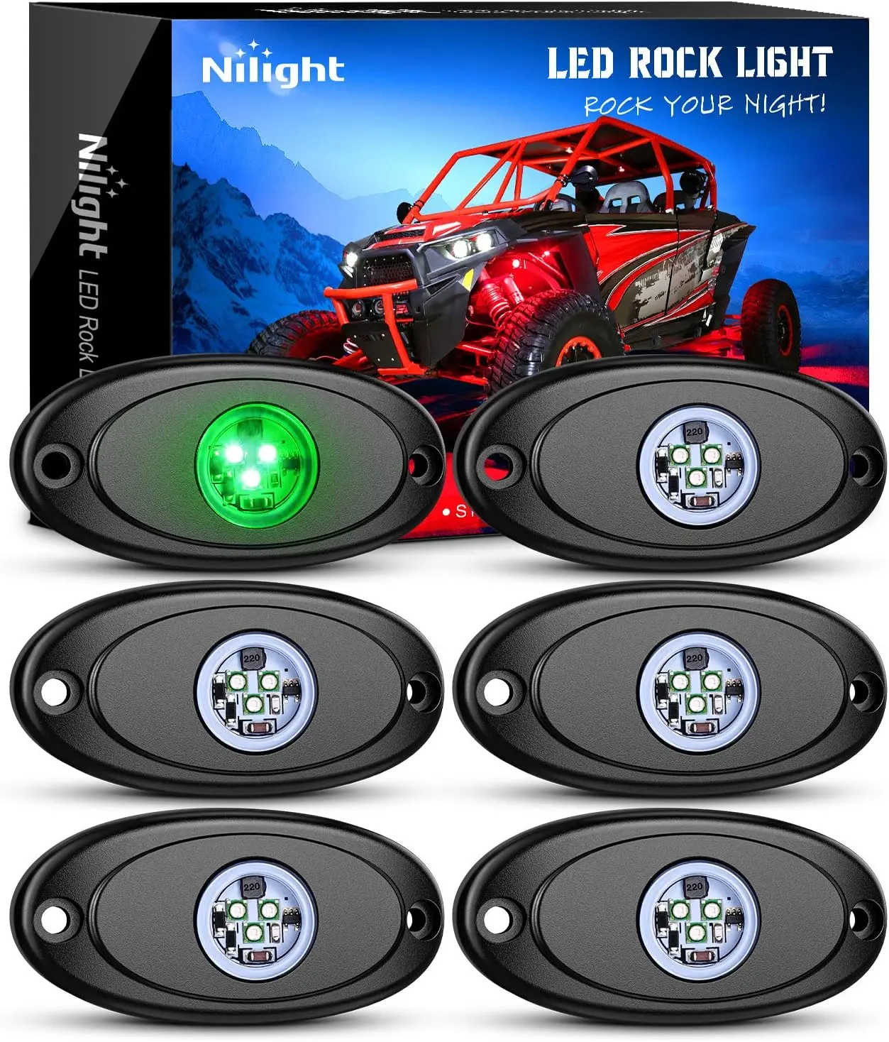 Nilight 6-Piece Aluminum LED Rock Pods Multipack - Green Waterproof Vehicle LED Lights, Underglow Undercarriage & Wheel Well Decorative Truck Mods, Construction Lighting Upgrade Accessories