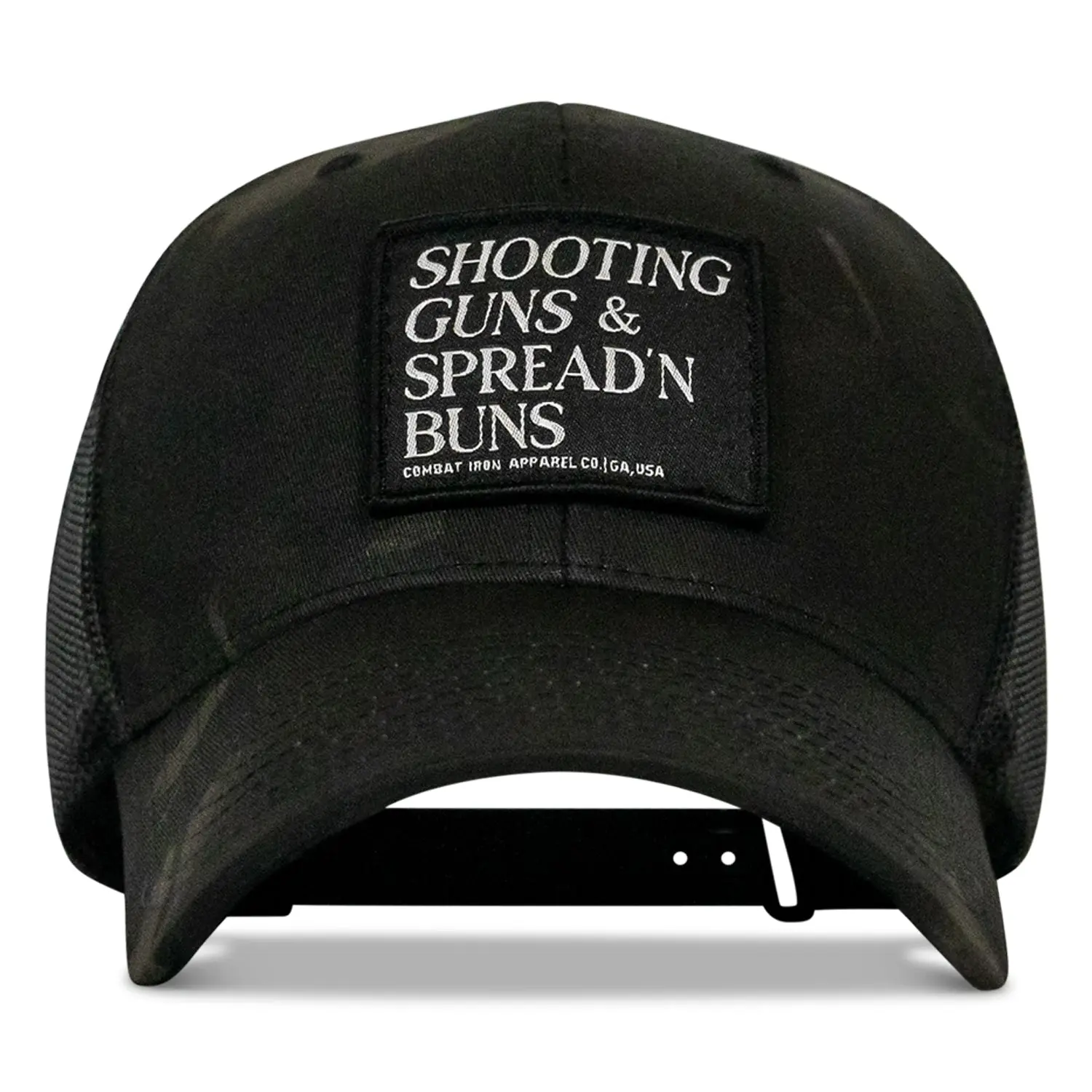 COMBAT IRON Shooting Guns & Spread'n Buns Patch Snapback Hat - Trendy Hat, Polyester Mix, Mesh Back, One Size Fits Most, Outdoor Wear Casual Clothes Accessory
