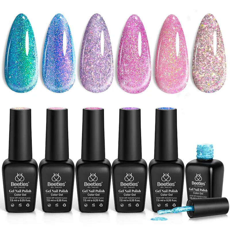 Beetles Art Decoration Gel Nail Polish Kit - 6 Bottle Nail Care Set for All Ages, Sparkle Pink/Blue Purple/Chameleon Crushed Diamond, Multifunction Soak-Off UV Gel for DIY Manicure Gift,familyfun