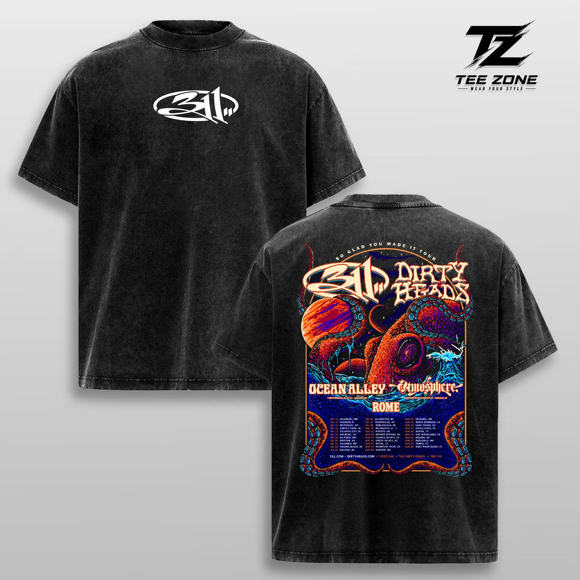 311 Dirty Heads Tour T-Shirt Washed – Psychedelic Octopus Graphic Shirt, Two Sided Band Shirt, Concert Gift for Men