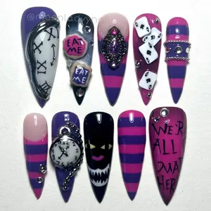 Cheshire Cat's W0nderland Fantasy Press On Nails | Hand-Painted 3D Tea Party Nail Art for Holiday, Vacation, Birthday