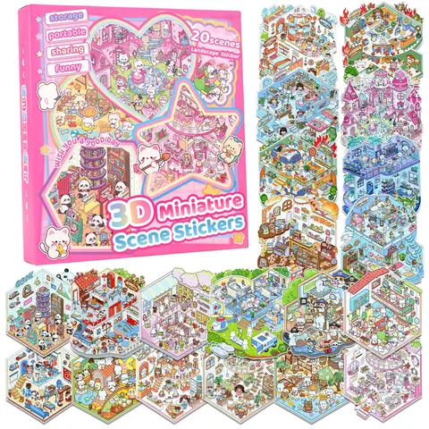 20-Scene 3D Miniature Scene Stickers Set, DIY Cute Cartoon Sticker Book with Collection Box, Creative Craft Gift for Kids