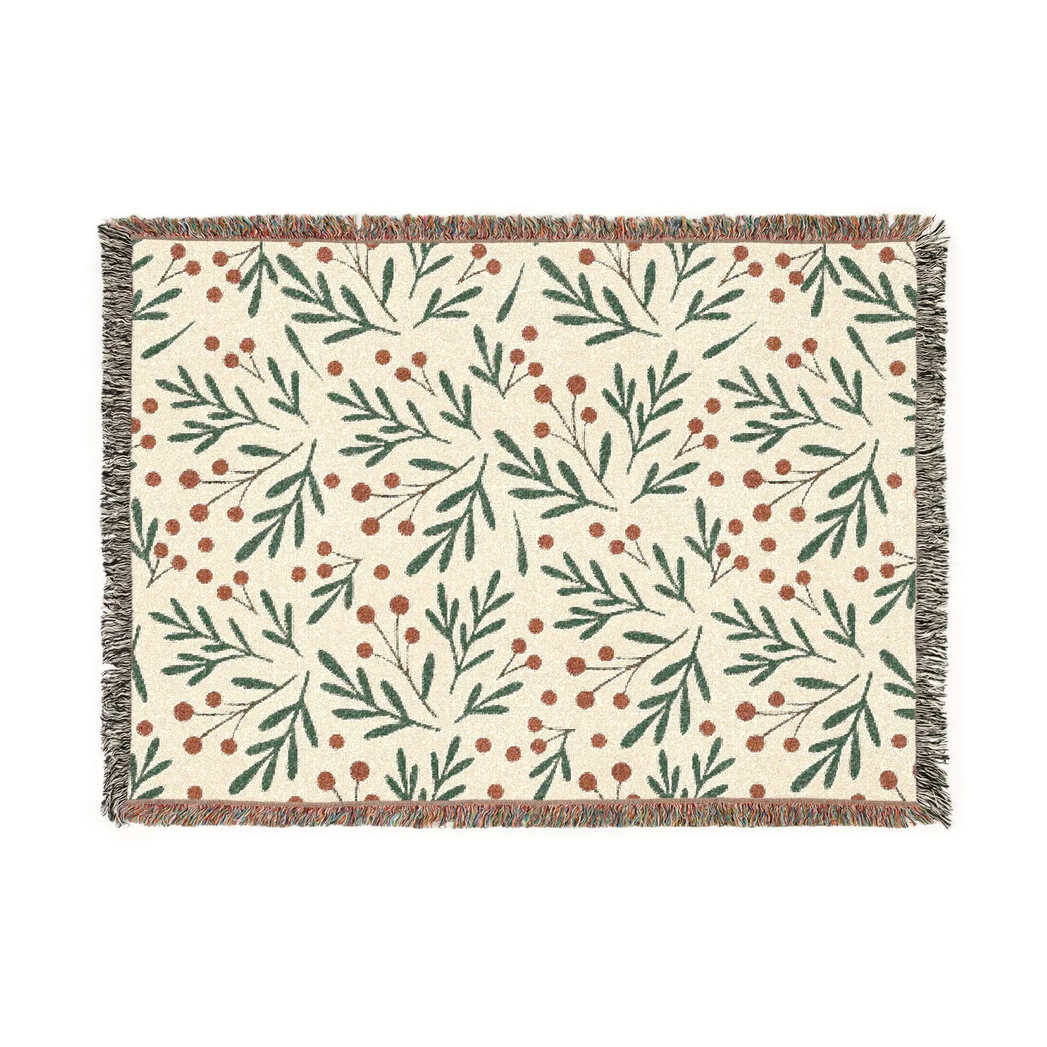 Botanical Sprig Pattern Woven Blanket | Leafy Floral Throw