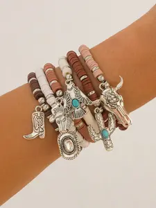 Bohemian Western Style Turquoise Bracelet Set, Cactus Cowboy Hat Skull Bird Pendants, Unique Western Jewelry for All Seasons