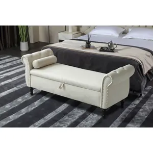 63" Velvet Storage Bench Rectangular Multifunctional Sofa Stool Buttons Tufted Nailhead Trimmed Solid Wood Legs with 1 Pillow,Beige