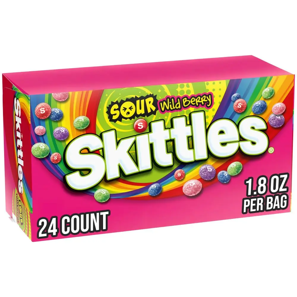 SKITTLES Sours Wild Berry Chewy Candy Bulk Pack, Sour Fruit Flavored Bite Size Candy, 1.8 oz Bags, 24 Count, Party Snacks & Sharing Treats