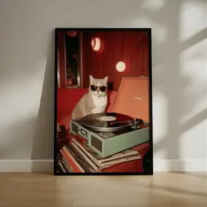 Cool DJ Cat Vinyl Poster Print, Retro Turntable Wall Art, Vintage Record Player Decor, Music Room Aesthetic Print, Funny Cat Poster, Cat Lover Gift (Unframed, Print Only)