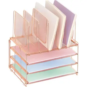 Desk Organizers and Accessories, 3-Tier Paper Organizer with 5 Vertical File Holders, File Organizer For Desk (Rose Gold, 3T)