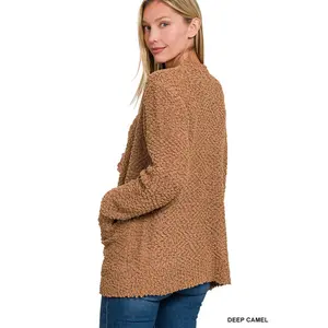 Zenana Women's Long Sleeve Popcorn Sweater Cardigan with Pockets - Deep Camel