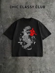 Dark Style Line Portrait Star T-Shirt for Men, American High Street Casual Oversize Loose Short Sleeve, Trendy Unique Dark Fashion Top, Oversized, Streetwear