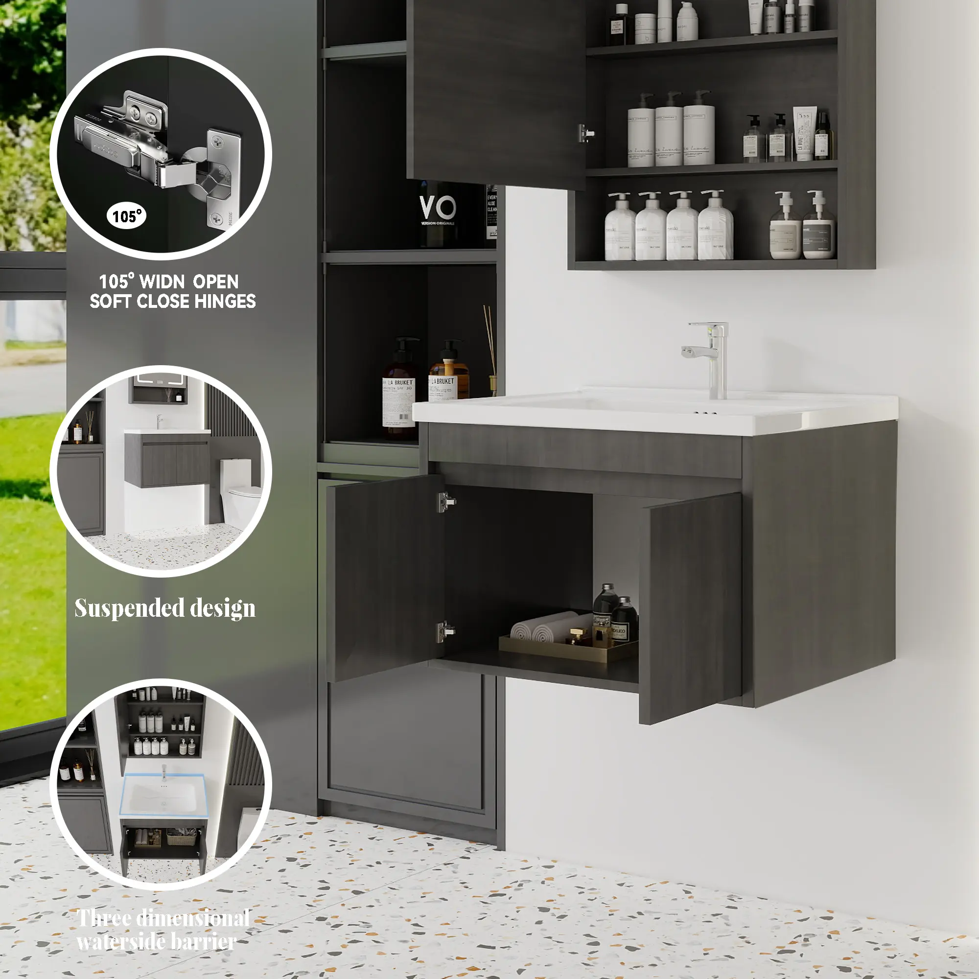 28-Inch Modern Hanging Wall-Mount Floating Bathroom Vanity, Eco-Friendly Solid Wood Waterproof Plywood Cabinet with Integrated Ceramic Sink, Soft-Close Double Doors Storage for Small Bathrooms