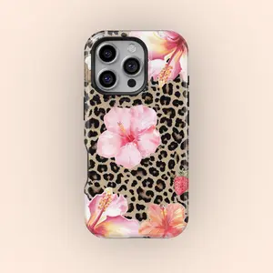 Leopard print pink hibiscus flower, a tropical floral 2-in-1 phone case Cover, featuring a durable, shock-absorbing, and stylish design. Compatible with iPhone 17, 16, 15, 14, 13, 12, 11 Pro Max Pro Plus and Samsung Galaxy S25, S24, S23 Ultra.