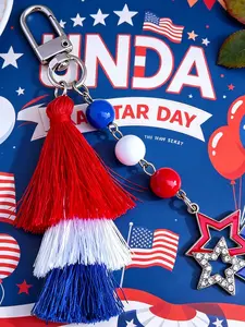 July 4th Patriotic Keychain, Blue Fringe Bag Charm, Star Alloy Pendant, Beaded Decoration, Independence Day Keychain, Gift Accessory