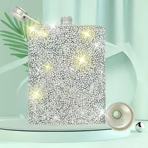 Silver Glitter Rhinestone Hip Flask 8oz – Sparkle Portable Storage Bottle with Cap, Bling Whiskey Pocket Flask for Women