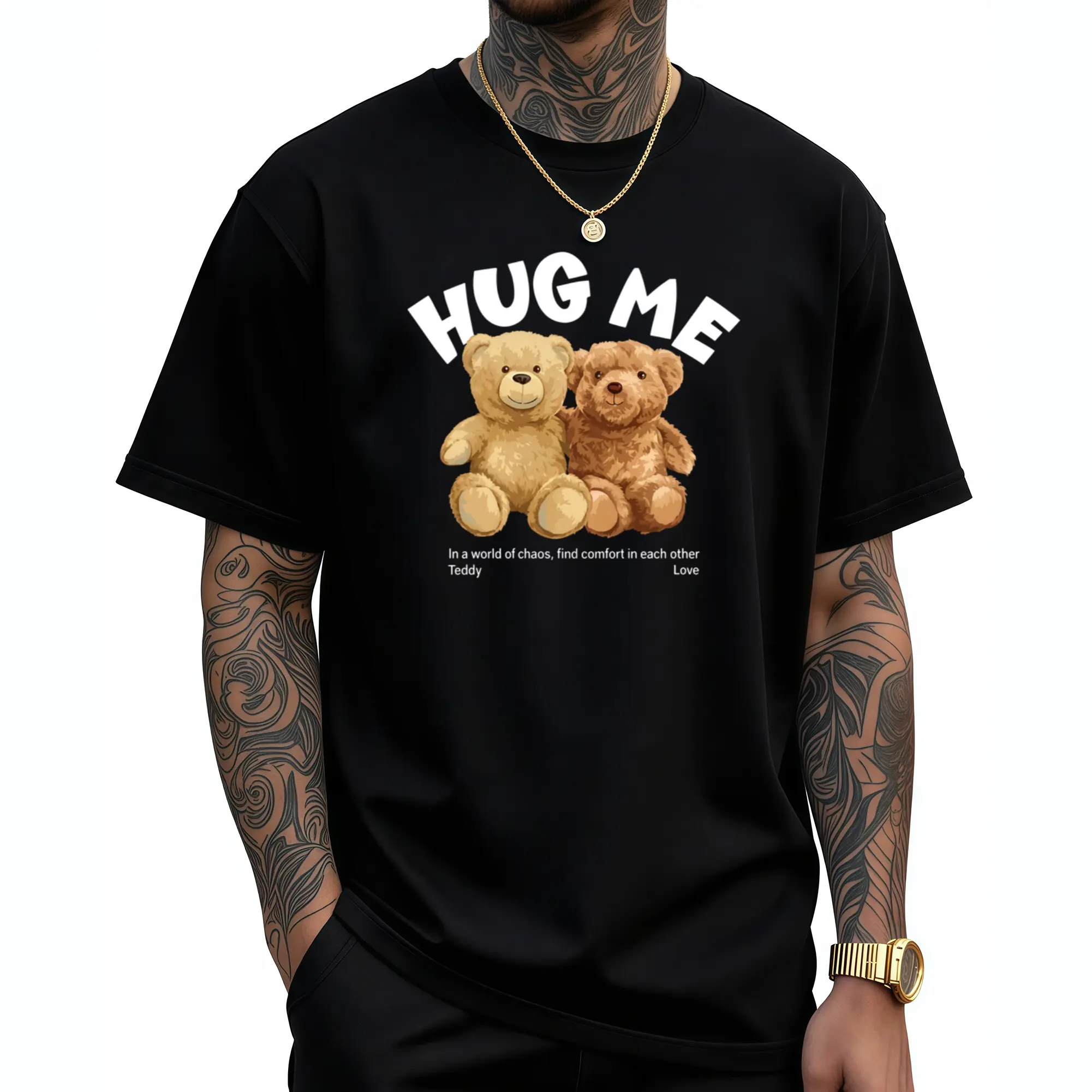 Soft Cotton Graphic T-Shirt with Textured Teddy Bear "Hug Me" Quote Print, Unisex Casual Relaxed Fit Short Sleeve for Matching Couples