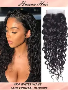 Brazilian 4x4 Glueless Lace Closure, 100% Unprocessed Human Virgin Hair, Water Wave Closure , Pre-Plucked Hairline, Natural, 8-16 Inches, Curly Closure, Christmas Gifts