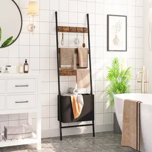 HOOBRO Blanket Ladder with Basket, 17.3”L x 63.4”H,Towel Rack with Hooks, Blanket Holder Rack, Decorative Ladder Shelf, Drying and Display Rack for Home, Rustic Brown #SummerVibes