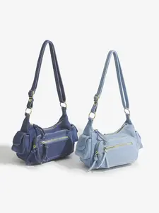 2026 Spring Summer French Vintage Denim Shoulder Crossbody Bag, Multi-Pocket Metal Hardware Design, Unlock Y2K Unique High-End Style