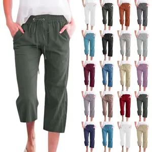 Capris Pants for Women Cotton Linen Casual Summer 2025 Straight Wide Leg Loose Drawstring Elastic Waist Cropped Trouser(Sheets)
