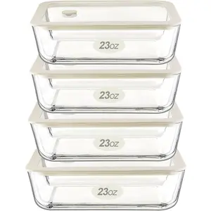 Glass Food Container Set with Glass Lid, 4 Pack, Airtight LeakProof 100% Plastic Free Food Storage Meal Prep Containers White Color