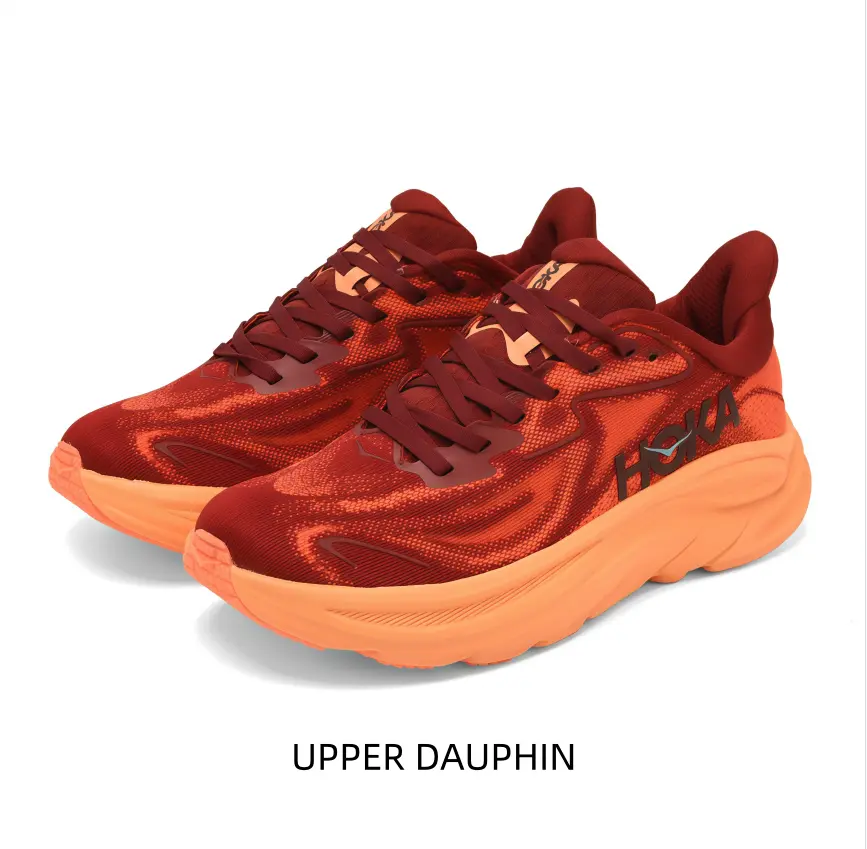 Deep red textured mesh running sneakers with bright orange chunky cushioned midsole, breathable knit upper, grippy outsole for jogging, gym training and daily casual outfits.