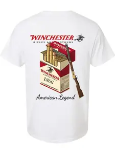Winchester Men's T-Shirt, American Legend, 1866 Bullet Box Pattern, Lever Gun Print, Vintage Hunting Clothes, Cotton Short Sleeve, Casual, Menswear, Classic