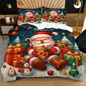 Christmas Santa Claus Pattern Bedding Set, Suitable for Boys' and Teenagers' Bedroom Decor Gifts, Includes 1 Bed Cover and 1 or 2 Pillow Covers (Does Not Include Quilt or Pillow Inserts)