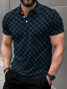 Men's Business Casual Plaid Print Short Sleeve Polo Shirt