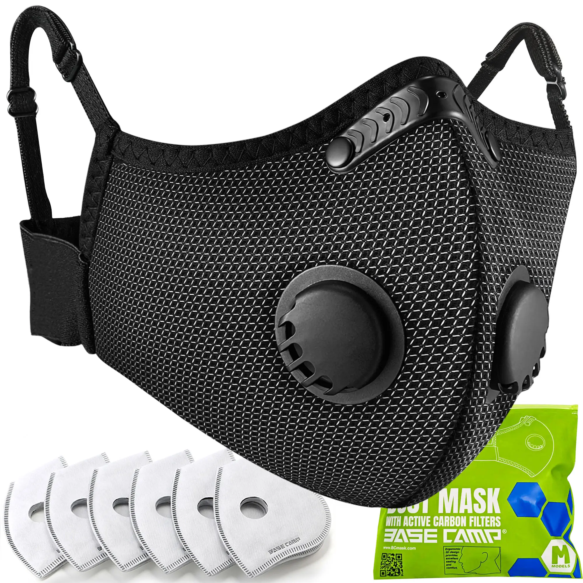 BASE CAMP Silver and Black Upgrade M Plus Reusable Respirator Face Mask - Extended Wear, Advanced Protection, 6 Activated Carbon Filters, Unisex Work Safety Gear for Woodworking Dust Protection, Reduces Waste, Saves Money, Construction
