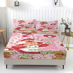 Strawberry Sweetheart Pattern Bedding Set (1 Fitted Sheet + 2 Pillowcases), Deep Pocket Fitted Sheet, Modern Home Decor Essentials, Perfect Gift