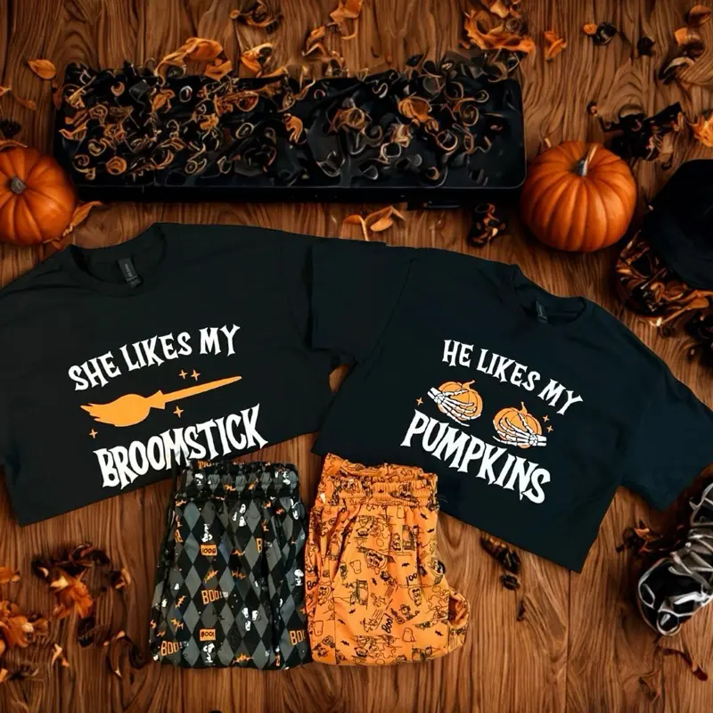 Funny Halloween Matching Couples Shirt Spooky Season I Like Her Pumpkins I Like His Broomstick Gift Idea His and Hers
