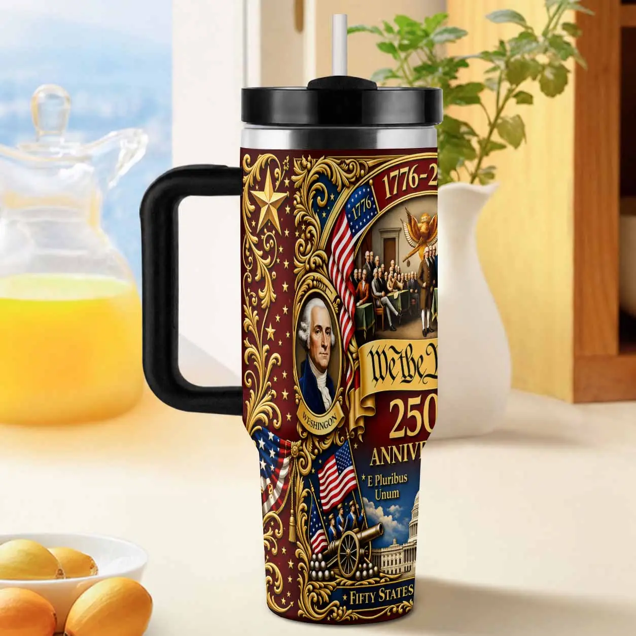 American Independence Commemorative Insulated Tumbler 40oz. US Founding Fathers and Patriotic Flags print. Double wall vacuum insulated. Stainless steel body. Keep beverage hot or cold. Perfect for daily commute and road trips.