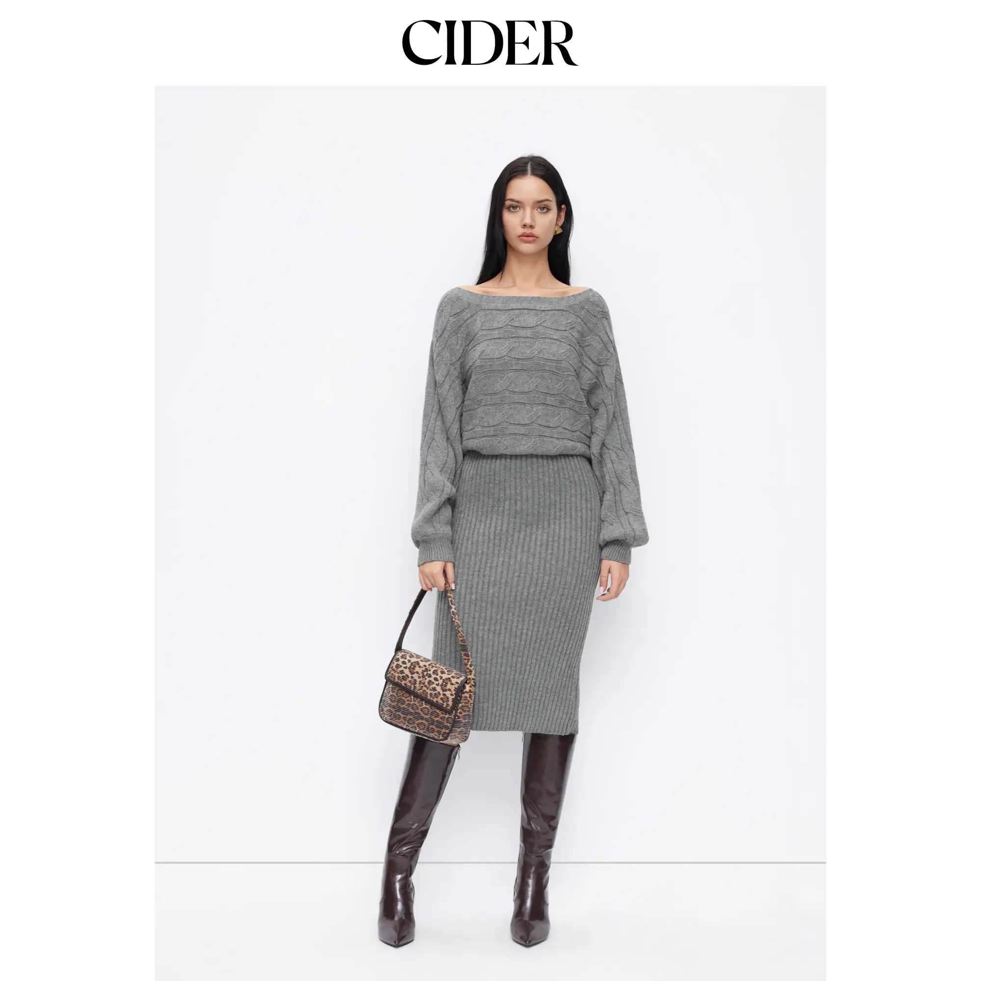 Cider Cable Knit Off-shoulder Batwing Sleeve Split Midi Pencil Dress
