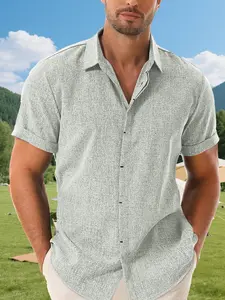 New Men's Summer Fashion Party Invisible Button green Shirt, Casual Short Sleeve Top, Slim-Fit Outdoor Jacket for Weddings, Travel, Camping