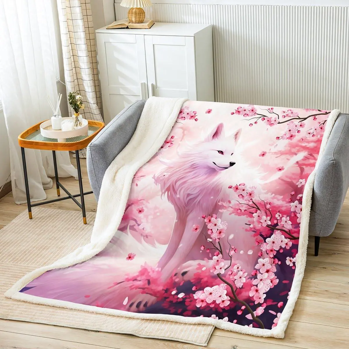 Fox Throw Blankets,Pink Cherry Blossom Bed Blanket,Wild Animals Plants Fleece Blanket for Kids Girls Woman Adult Bedroom Decor,Japanese Style Romantic Sherpa Blanket,for Chair/Sofa,