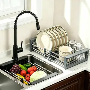 Portable Retractable Drain Basket with Adjustable Armrest,Easy Clean Stainless Steel Kitchen Drying Rack,Over The Sink Dish Drying Rack,Adjustable Multi-function Water Filter Basket for Fruits,Dish Drying Rack