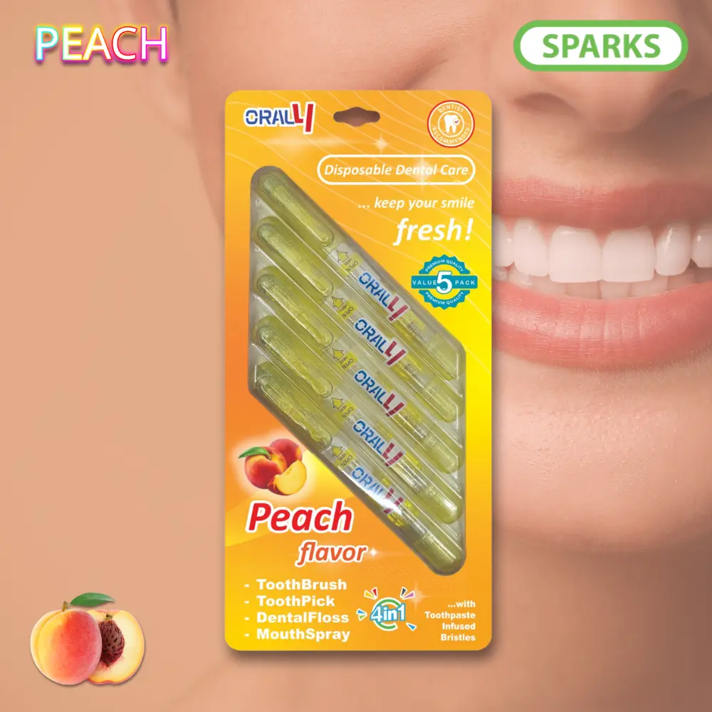 Oral4 Care Kit 4-in-1 Toothbrush with Toothpaste + Floss + Pick + Mouth Spray | Travel Size | Individual | Travel Set | Oral Hygiene Care (Peach 5 Pack)