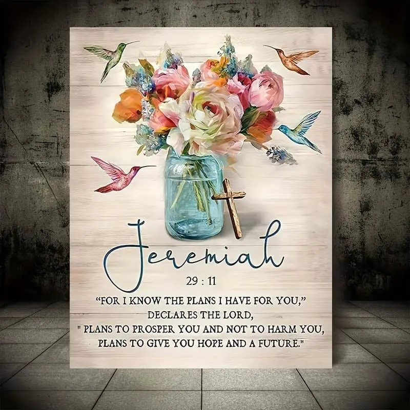 1pc Framed Farmhouse Scripture Canvas Wall Art - Religious 1-Piece Hangable Print with Floral Hummingbird, Bible Verse Design, Ready-to-Hang Christian Home Decor for Bedroom Gift
