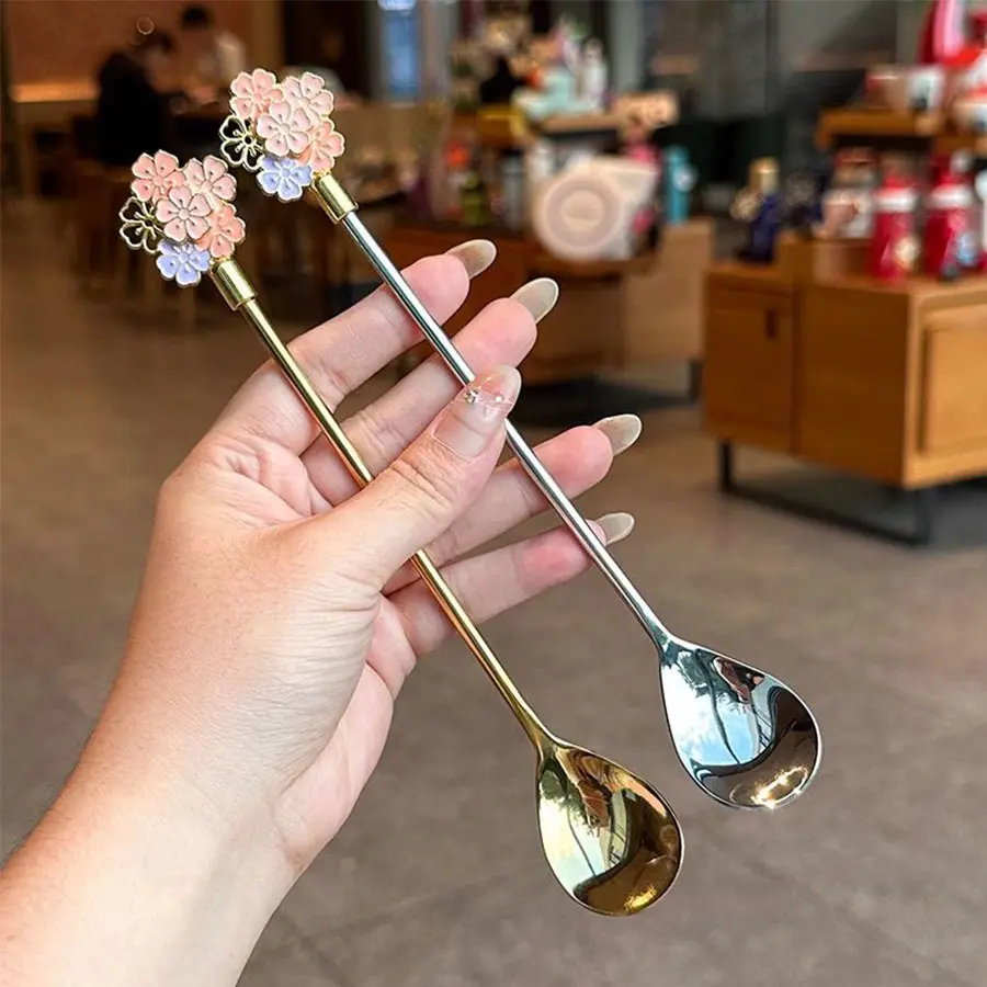 4pcs Stainless Steel Spoons Set, Japanese Cherry Blossom Design, Long Handle Ice Cream Spoon, Elegant Dessert Spoon, Candy Spoons for Home Use, Utensils