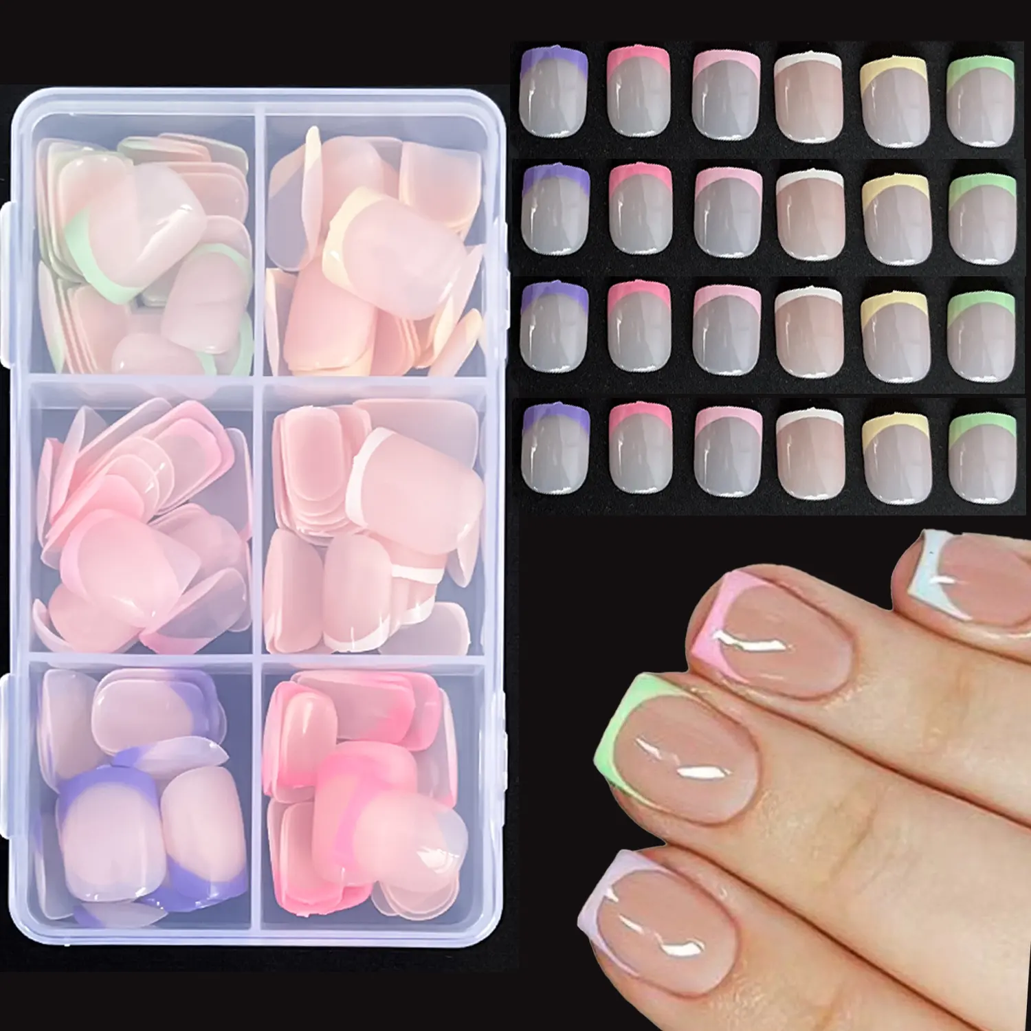 144 Pcs Short Square Press-On Nails - Rainbow Six-Color French Tip Design Kawaii Decorative Nails Extra-Short Fake Nails, Full Coverage, Vibrant Glossy Full-Cover Artificial Nails for Women and Girls, Manicure and Salon Nail Decoration, Fake Nails Kit