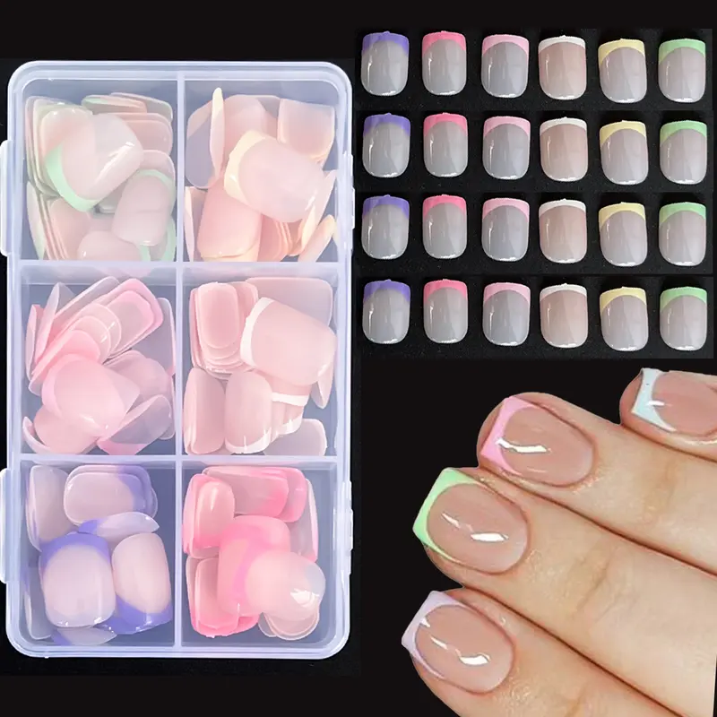 144 Pcs Short Square Press-On Nails - Rainbow Six-Color French Tip Design Kawaii Decorative Nails Extra-Short Fake Nails, Full Coverage, Vibrant Glossy Full-Cover Artificial Nails for Women and Girls, Manicure and Salon Nail Decoration, Fake Nails Kit