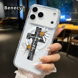 Magnetic Phone Case Supports Wireless Charging for iPhone 17 16  Pro Max Plus 15 14 13 12 11 Air E Faith Cross with Daisies Pattern Non-Yellowing Silicone Transparent Acrylic Large Hole Drop Protective Cover