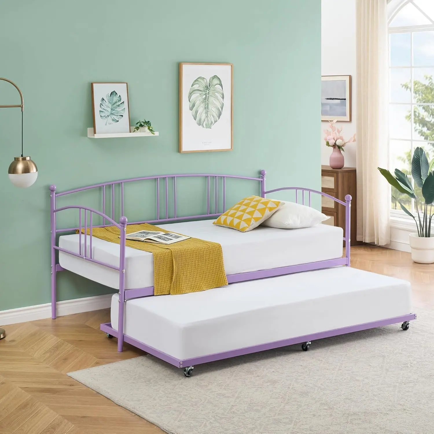 Purple Metal Twin Daybed with 6-Caster Pullout Trundle, Steel Slat Support, Convertible Mattress Bed Sofa Bed for Living Room, Bedroom (No Box Spring Needed)