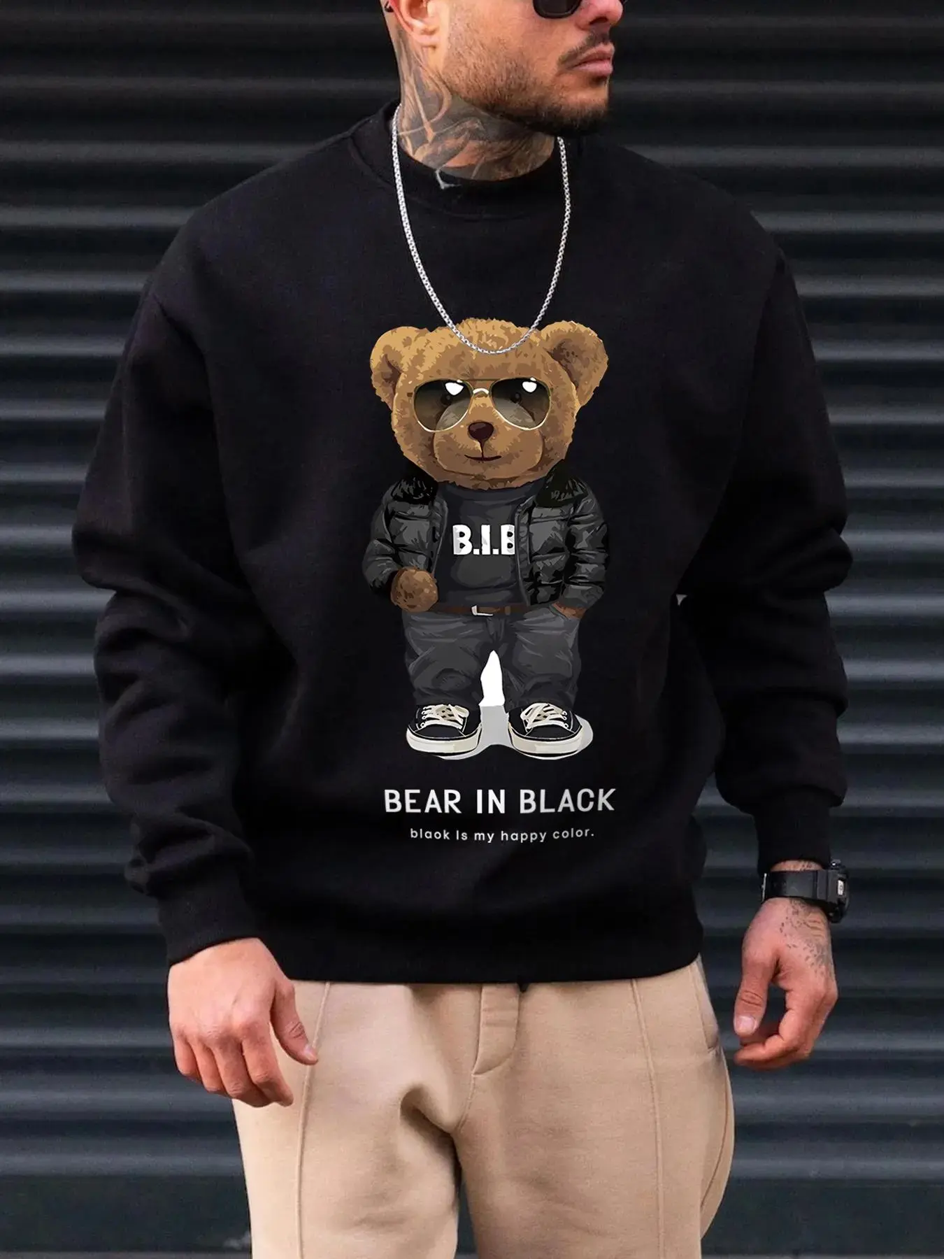 Men's Cartoon Bear Print Round Neck Sleep Artwork Sweatshirt, Loose Casual Fashion Drop Shoulder Long Sleeve Pullover for Spring & Fall, Men's Sleep Top for Daily Wear, Funny Trendy Crew Neck Top, Casual Streetwear Sweatshirt