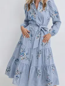 Elegant Women'S Long Sleeve Button-Up Shirt Dress Blue White Striped Print Belt A-Line Tie Dress Women'S Fall Winter Dress Autumn Clothing Trend Women'S Autumn Wear Women'S Dress Halloween Clothing Christmas Attire Women'S Autumn Fashion Women'S Fal