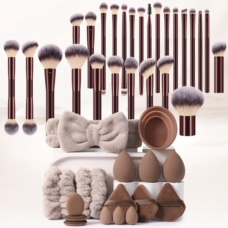 26-Piece Premium Cosmetic Kit for Adults - All-Inclusive Makeup Brushes Set, Compact Assorted Beauty Blenders, Triangle Flocking Powder Puffs, Plush Hairband, Wrist Strap, Brush Cleaner, Portable Travel Facial Application Accessory