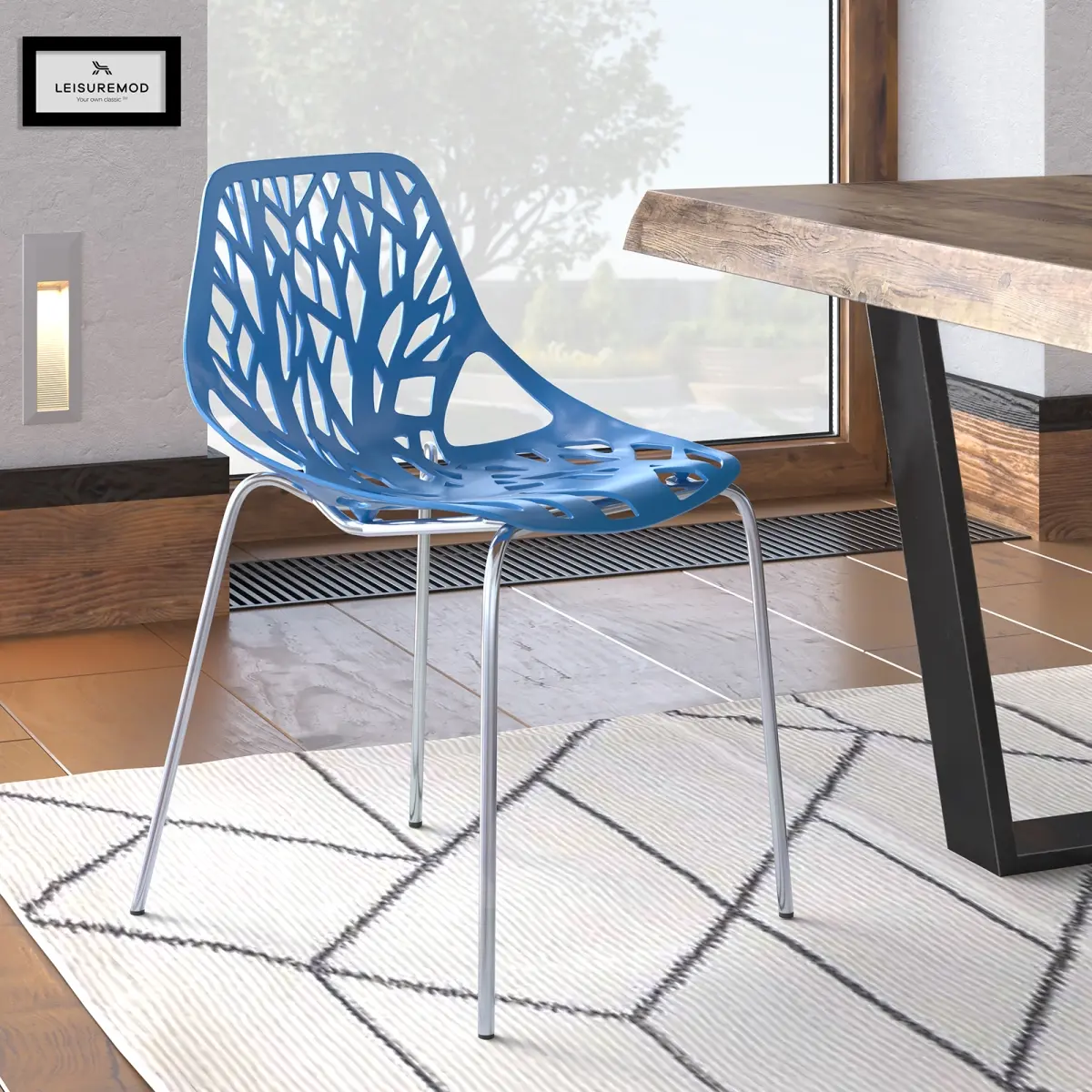 212 MAIN Asbury Stackable Modern Dining Chair with Cutout Back, LeisureMod AC16BU, 31.5x20.75x21 in, Chromed Legs, Blue