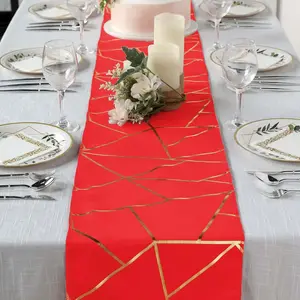 Polyester Table Runner 9ft Red with Gold Foil Geometric Pattern - Modern & Stylish Table Decor
