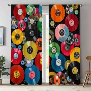 Vintage Colorful Record Print Curtains, Fashionable Rod Pocket Window Drapes for Bedroom and Living Room, Easy Installation