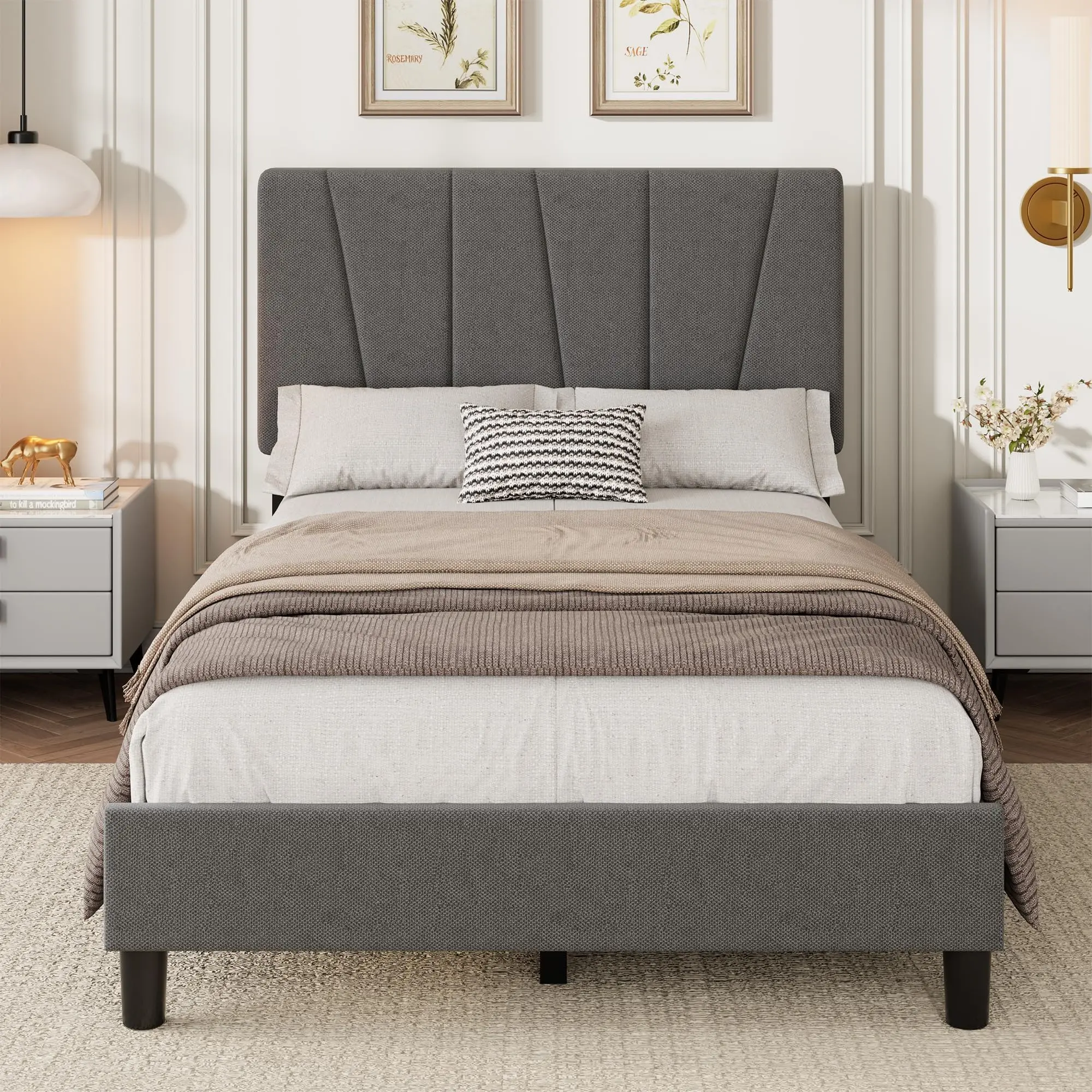 Garvee Twin Size Bed Frame with Adjustable Upholstered Headboard, Strong Wooden Slats, Linen Fabric, Mattress Foundation, No Box Spring Needed, Easy Assembly, Ideal for Bedroom Use
